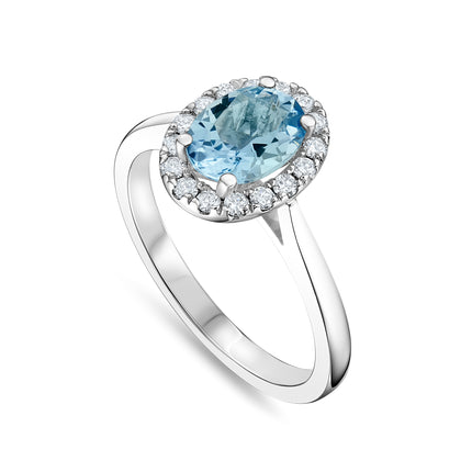 Oval Aquamarine and Diamond Halo Ring in Platinum