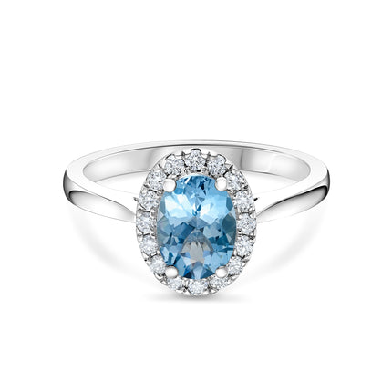 Oval Aquamarine and Diamond Halo Ring in Platinum