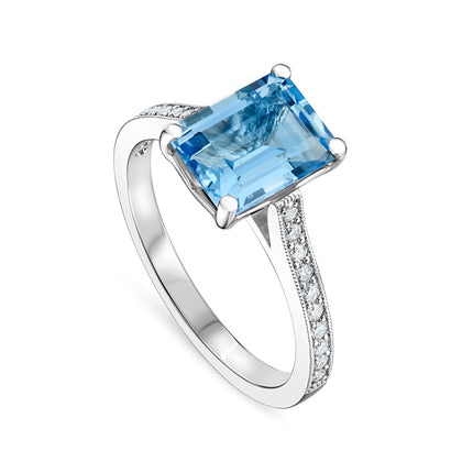 Emerald Cut Aquamarine and Diamond Ring in Platinum