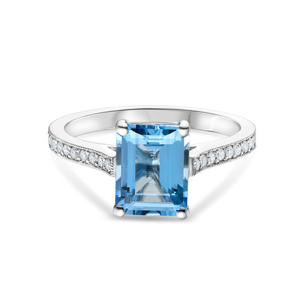 Emerald Cut Aquamarine and Diamond Ring in Platinum