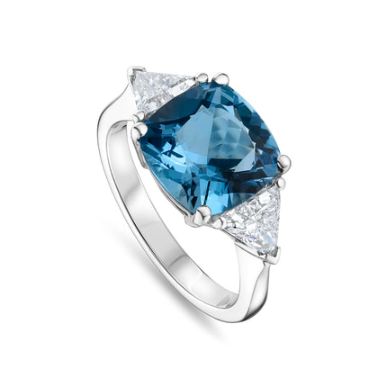 Cushion Cut Aquamarine and Diamond Trilogy Ring in Platinum