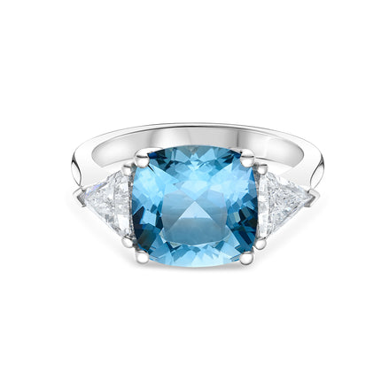 Cushion Cut Aquamarine and Diamond Trilogy Ring in Platinum