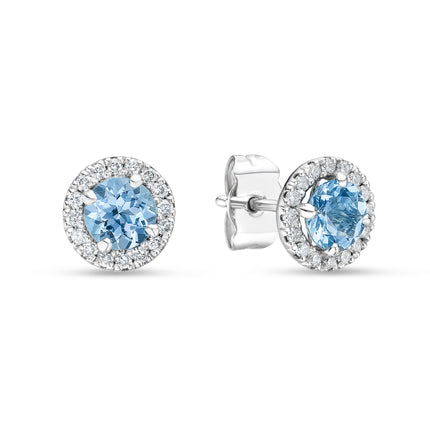 Round Aquamarine and Diamond Halo Earrings in White Gold