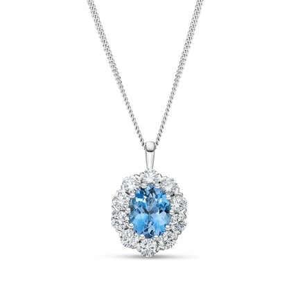 Oval Aquamarine and Diamond Cluster Pendant in White Gold