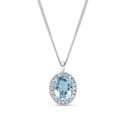 Oval Aquamarine and Diamond Halo Pendant in White Gold