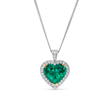 3.21ct Colombian Heart Shaped Emerald and Diamond Halo Pendant in White and Yellow Gold