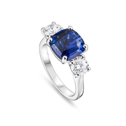 4.08ct Cushion cut Sapphire and Diamond Trilogy Ring in Platinum