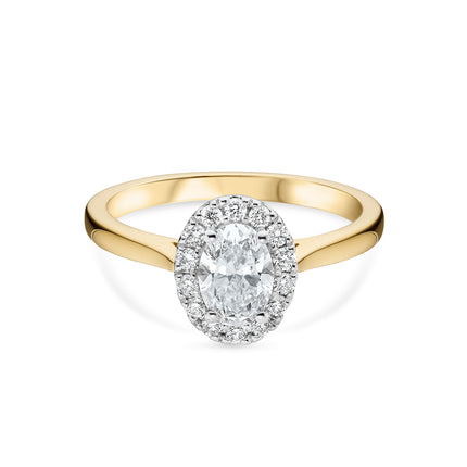 Oval Cut Diamond Halo Ring in Yellow Gold and Platinum