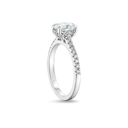 Oval Cut Solitaire Diamond Ring with Hidden Halo and Side Stones in Platinum