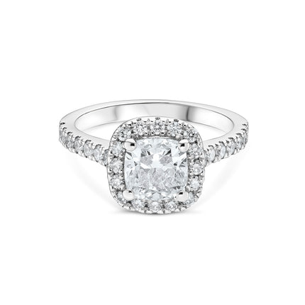 Cushion Cut Diamond Halo Ring with Side Stones in Platinum