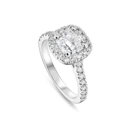 Cushion Cut Diamond Halo Ring with Side Stones in Platinum