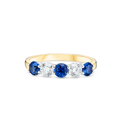 Round Cut Sapphire and Diamond Eternity Ring in Yellow Gold and Platinum