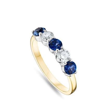 Round Cut Sapphire and Diamond Eternity Ring in Yellow Gold and Platinum