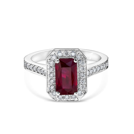 Emerald Cut Ruby and Diamond Halo Ring in Platinum