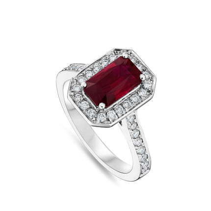 Emerald Cut Ruby and Diamond Halo Ring in Platinum