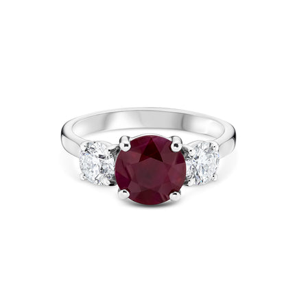 Round Cut Ruby and Diamond Trilogy Ring in Platinum