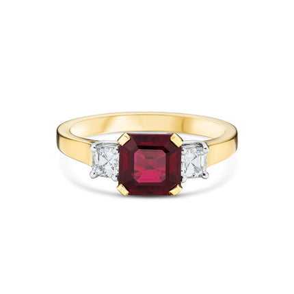 Octagon Cut Ruby and Diamond Trilogy Ring in Yellow Gold and Platinum