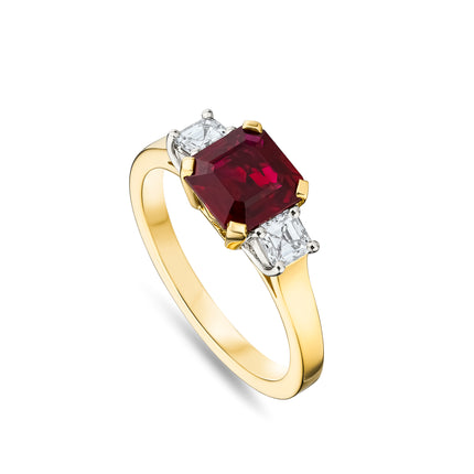 Octagon Cut Ruby and Diamond Trilogy Ring in Yellow Gold and Platinum