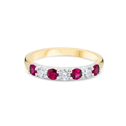 Round Cut Ruby and Diamond Eternity Ring in Yellow Gold and Platinum