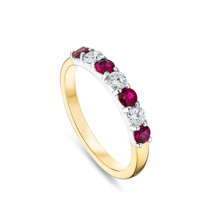 Round Cut Ruby and Diamond Eternity Ring in Yellow Gold and Platinum