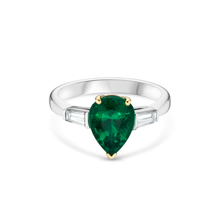 1.99ct Brazilian Pear Cut Emerald Trilogy Ring in Platinum