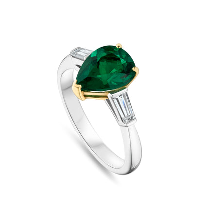 1.99ct Brazilian Pear Cut Emerald Trilogy Ring in Platinum