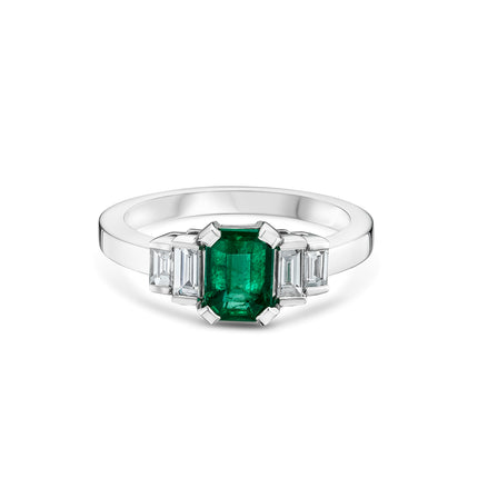 Emerald Cut Emerald and Diamond Art Deco Ring in Platinum