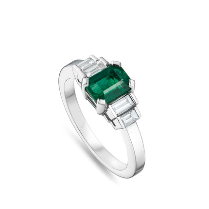 Emerald Cut Emerald and Diamond Art Deco Ring in Platinum