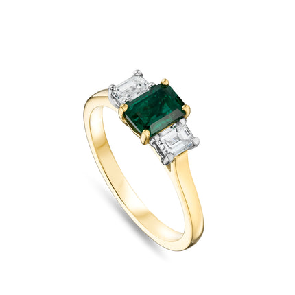 Emerald and Diamond Trilogy Ring in Platinum and Yellow Gold