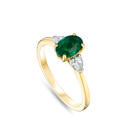 Oval Cut Emerald and Diamond Trilogy in Platinum and Yellow Gold