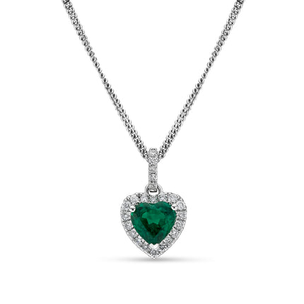 Heart Shaped Emerald and Diamond Halo Pendant in White Gold