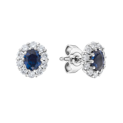 Oval Sapphire and Diamond Cluster Earrings in White Gold