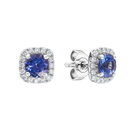 Round Tanzanite and Diamond Halo Earrings in White Gold