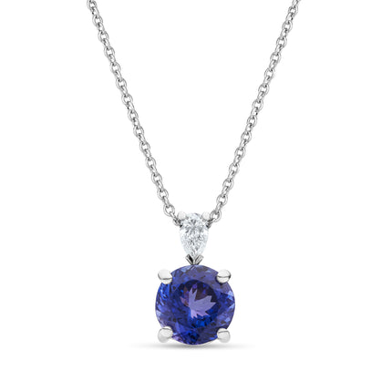 Round Tanzanite and Diamond Drop Pendant in White Gold