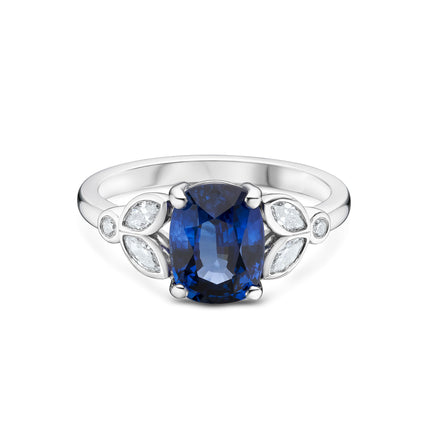 Cushion Sapphire and Diamond Floral Ring in Platinum