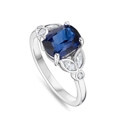 Cushion Sapphire and Diamond Floral Ring in Platinum