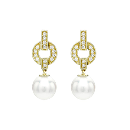 Akoya Pearl and Diamond Drop Earrings in Yellow Gold