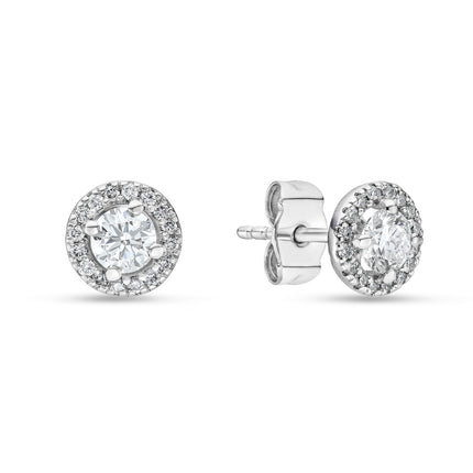 Round Brilliant Cut Diamond Halo Earrings in White Gold