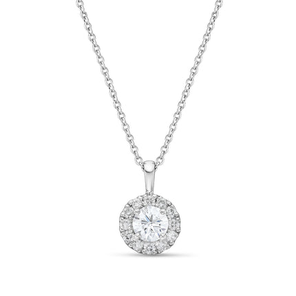 Round Brilliant Cut Diamond Halo Pendant in White Gold