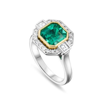 1.77ct Colombian Emerald Cut Emerald and Diamond Art Deco Ring in Platinum and Yellow Gold