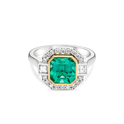 1.77ct Colombian Emerald Cut Emerald and Diamond Art Deco Ring in Platinum and Yellow Gold