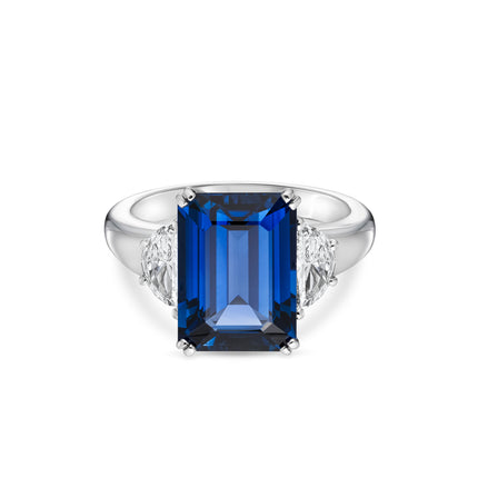 6.56ct Emerald Cut Sapphire and Diamond Trilogy Ring in Platinum