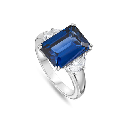 6.56ct Emerald Cut Sapphire and Diamond Trilogy Ring in Platinum