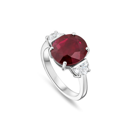 5.04ct Oval Ruby and Diamond Trilogy Ring in Platinum