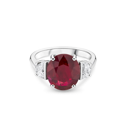 5.04ct Oval Cut Ruby and Diamond Trilogy Ring in Platinum