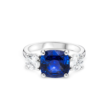 4.08ct Cushion Sapphire and Diamond Trilogy Ring in Platinum