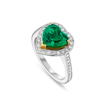 2.16ct Colombian Heart Shape Emerald and Diamond Halo Ring in Platinum and Yellow Gold