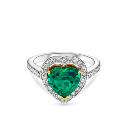 2.16ct Colombian Heart Shape Emerald and Diamond Halo Ring in Platinum and Yellow Gold